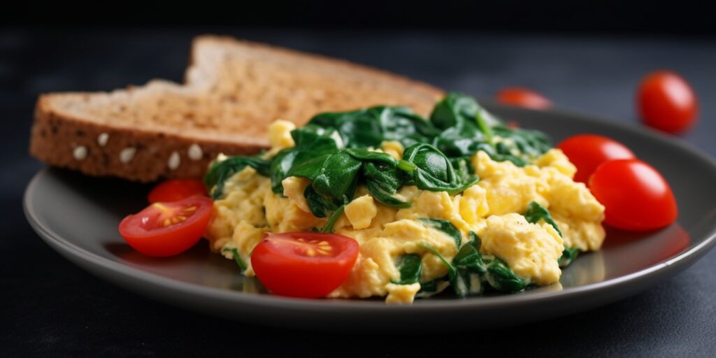 Scrambled egg with spinach, tomatoes and toast breakfast.